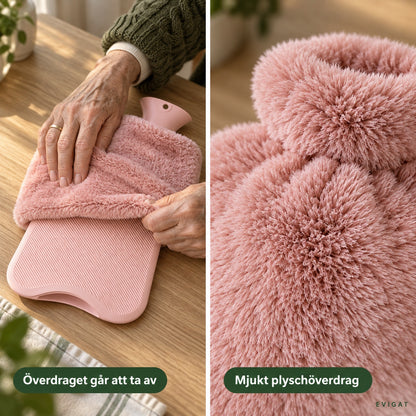 Plyschöverdraget dras av en rosa varmvattenflaska, och närbild på det mjuka rosa plyschet, med texterna överdraget går att ta av och mjukt plyschöverdrag