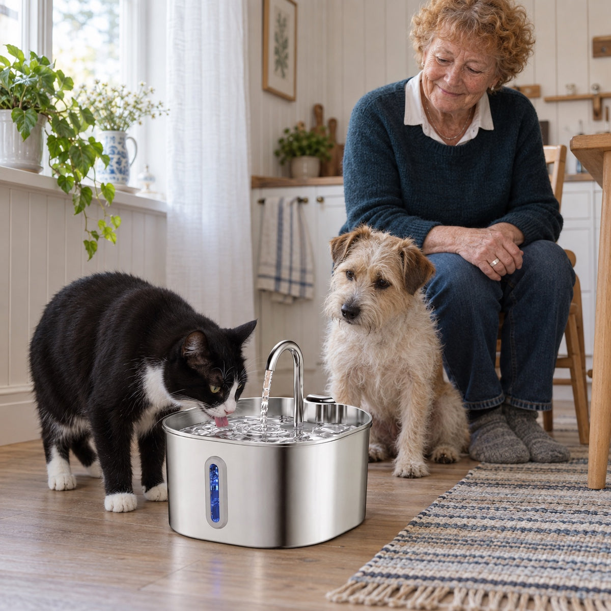 Äldre kvinna på en köksstol tittar på när en svartvit katt dricker ur en rostfri vattenfontän och en liten terrier står bredvid