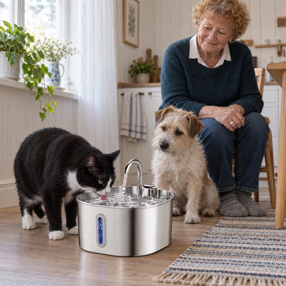 Äldre kvinna på en köksstol tittar på när en svartvit katt dricker ur en rostfri vattenfontän och en liten terrier står bredvid
