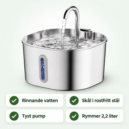 Rostfri vattenfontän med rinnande vatten och blått vattennivåfönster, med texterna rinnande vatten, skål i rostfritt stål, tyst pump och rymmer 2,2 liter