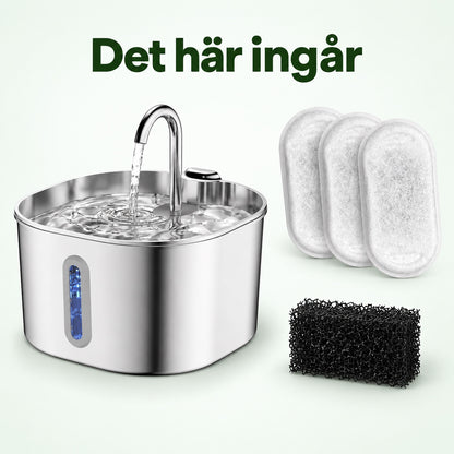Det här ingår: rostfri vattenfontän för husdjur, tre utbytbara filter och en svampbit