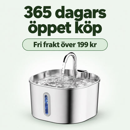 Rostfri vattenfontän med texterna 365 dagars öppet köp och fri frakt över 199 kr