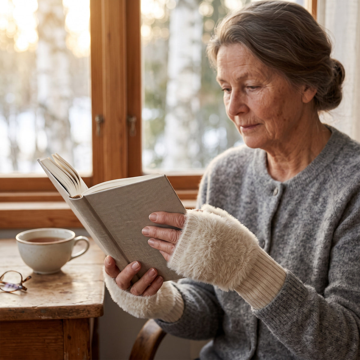 Äldre kvinna läser med mjuka fingervantar på händerna