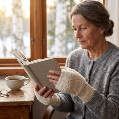 Äldre kvinna läser med mjuka fingervantar på händerna