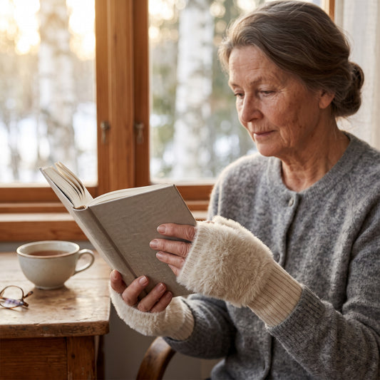Äldre kvinna läser med mjuka fingervantar på händerna