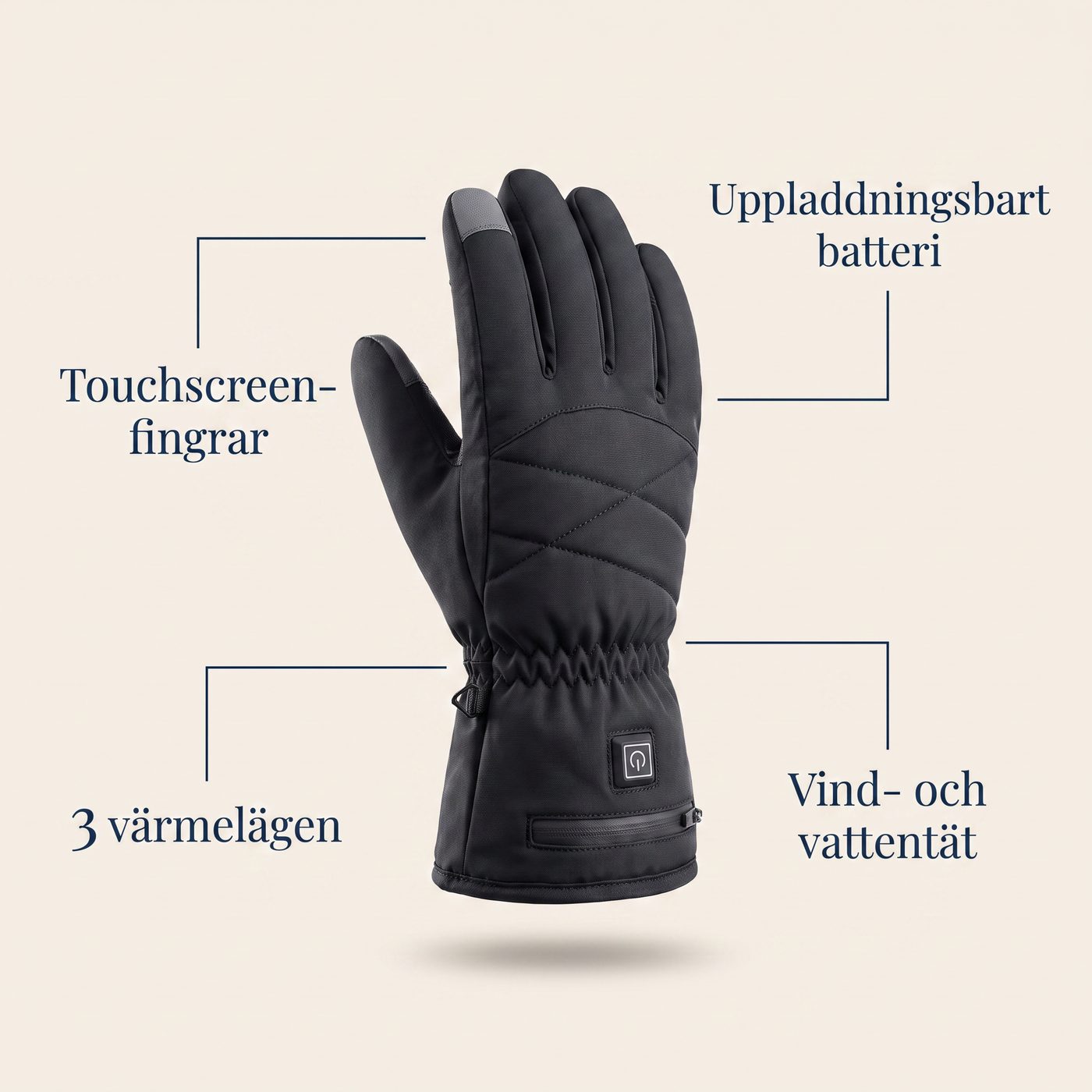 Värmehandskar funktioner: touchscreen-fingrar, 3 värmelägen, uppladdningsbart batteri, vind- och vattentät