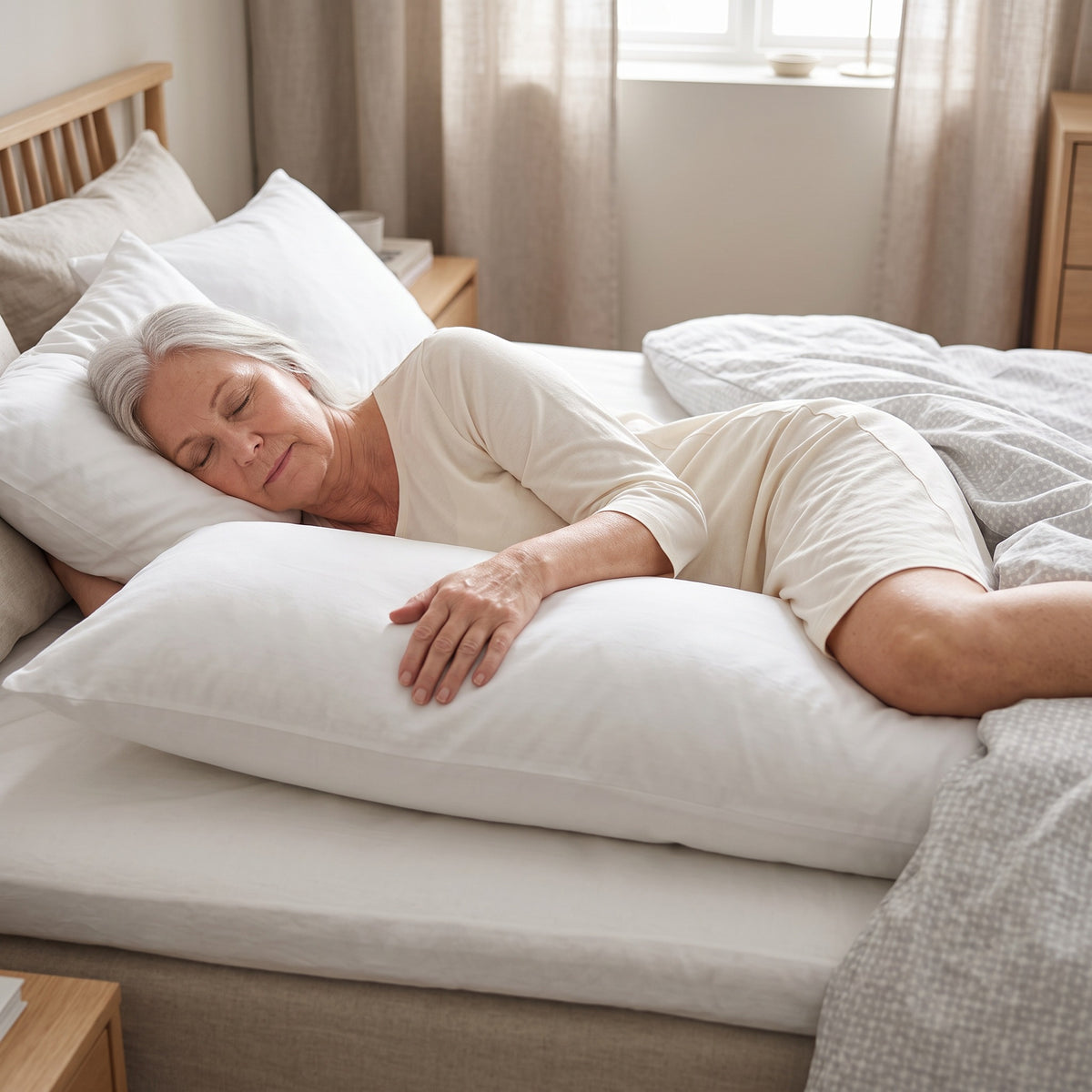 Äldre kvinna sover på sidan och kramar en helkroppskudde