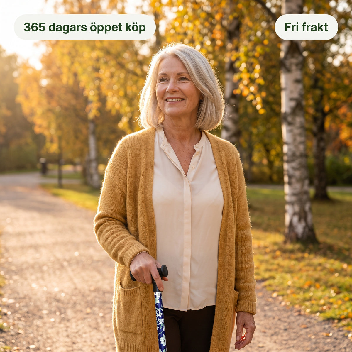 Kvinna som går med käppen
