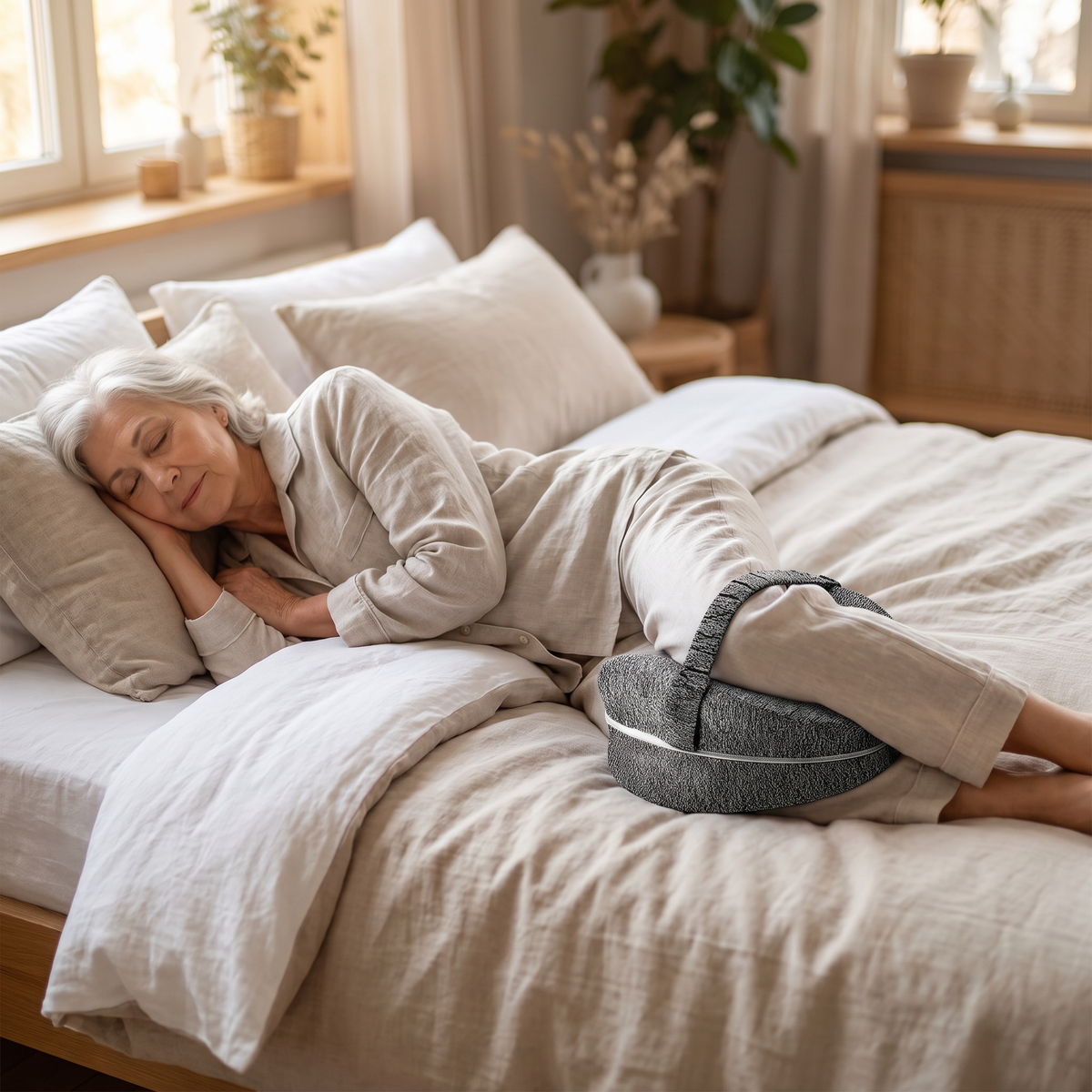 Äldre kvinna sover på sidan med knäkudde mellan knäna