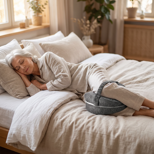 Äldre kvinna sover på sidan med knäkudde mellan knäna