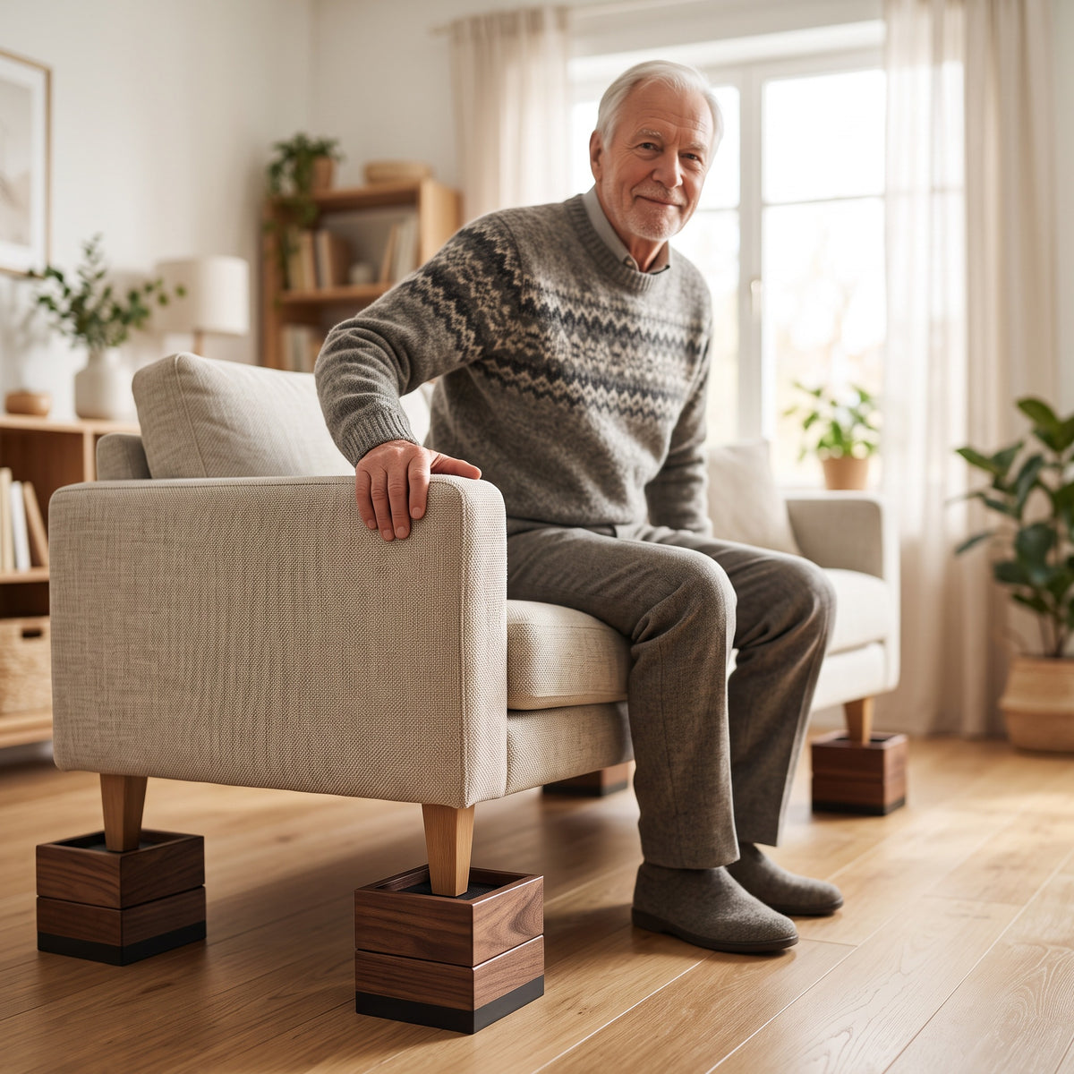 Äldre man sitter i en soffa som står på möbelhöjare i trä