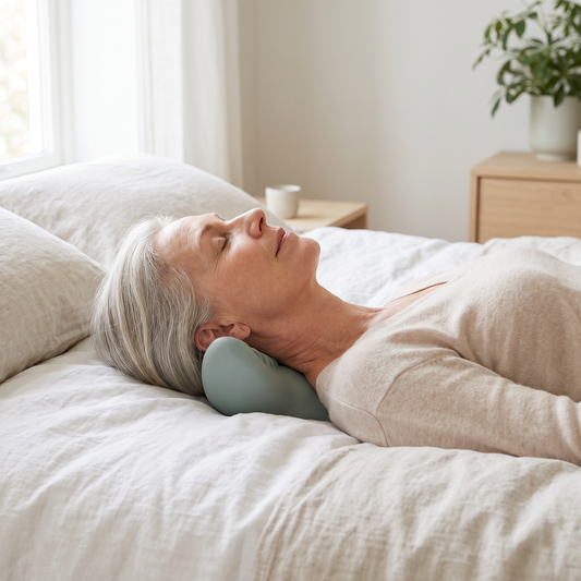 Äldre kvinna vilar nacken på ergonomiskt nackstöd