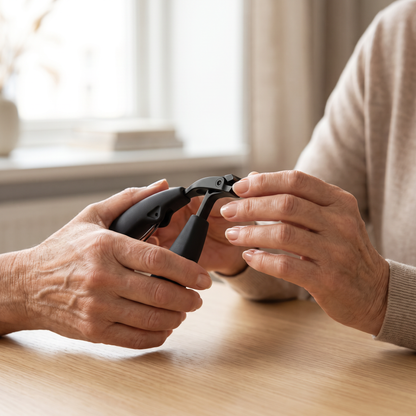 Äldre händer klipper nageln bekvämt med kraftig nagelklippare