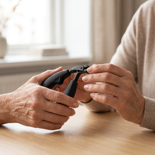 Äldre händer klipper nageln bekvämt med kraftig nagelklippare