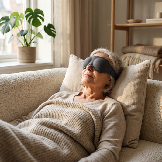 Äldre kvinna vilar med gelögonmask på soffan