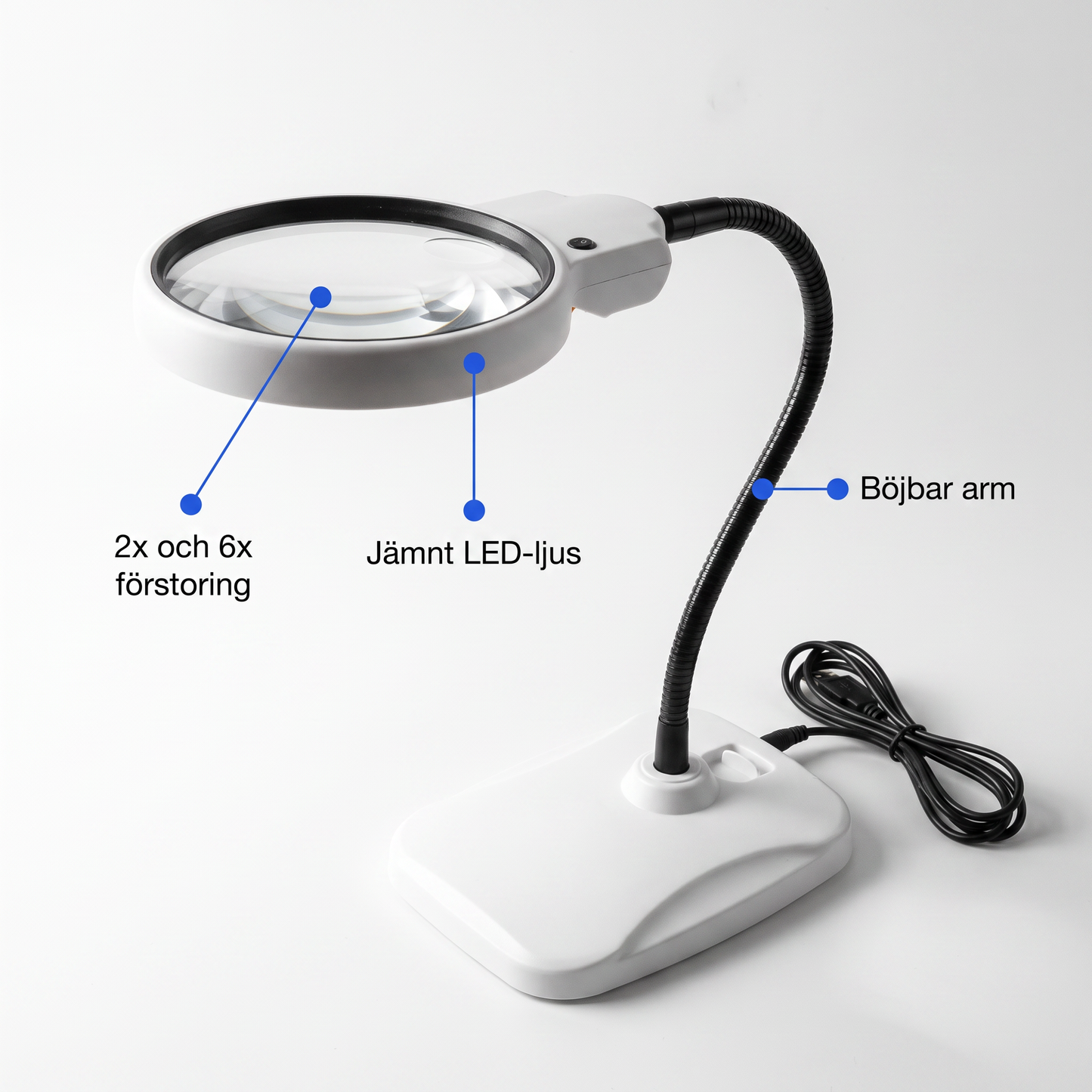 Bordslupp med LED och Böjbar Arm, 2x och 6x Förstoring