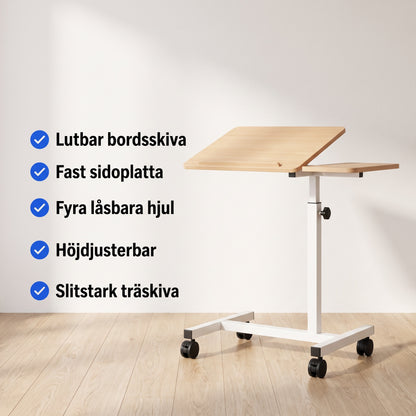 Sängbord med två bordsskivor på hjul
