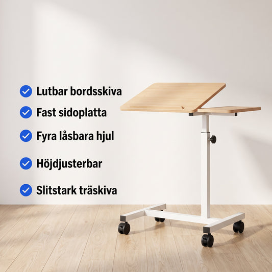 Sängbord med två bordsskivor på hjul