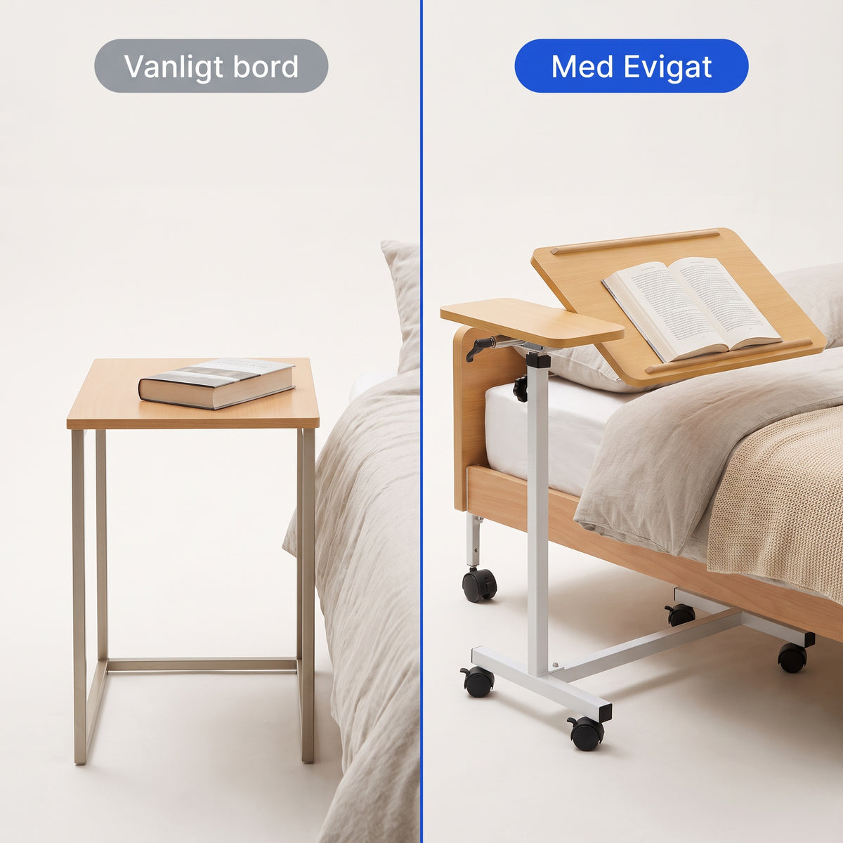 Sängbord med Två Bordsskivor, Lutbart och på Låsbara Hjul