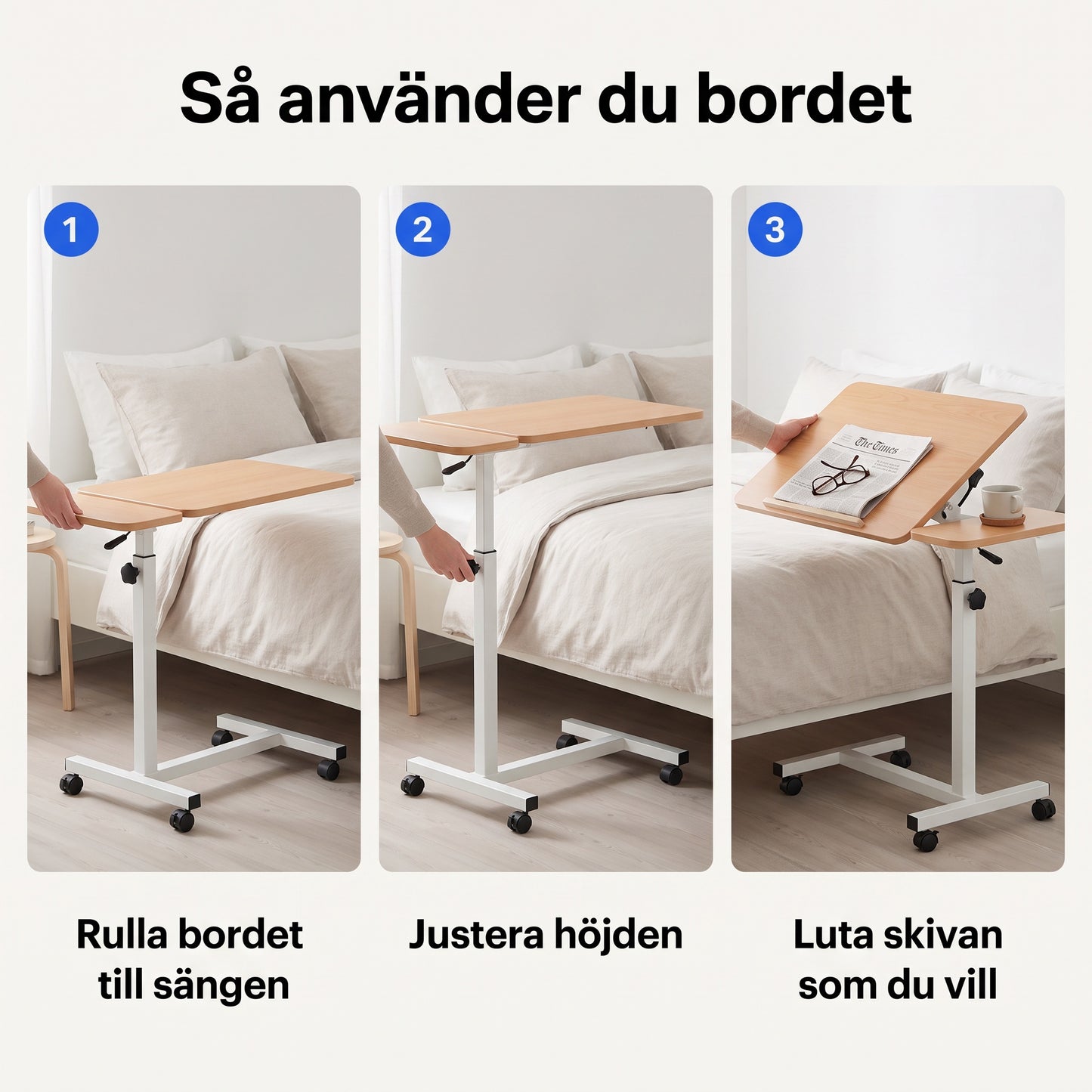 Sängbord med Två Bordsskivor, Lutbart och på Låsbara Hjul