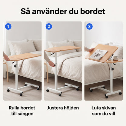 Sängbord med Två Bordsskivor, Lutbart och på Låsbara Hjul