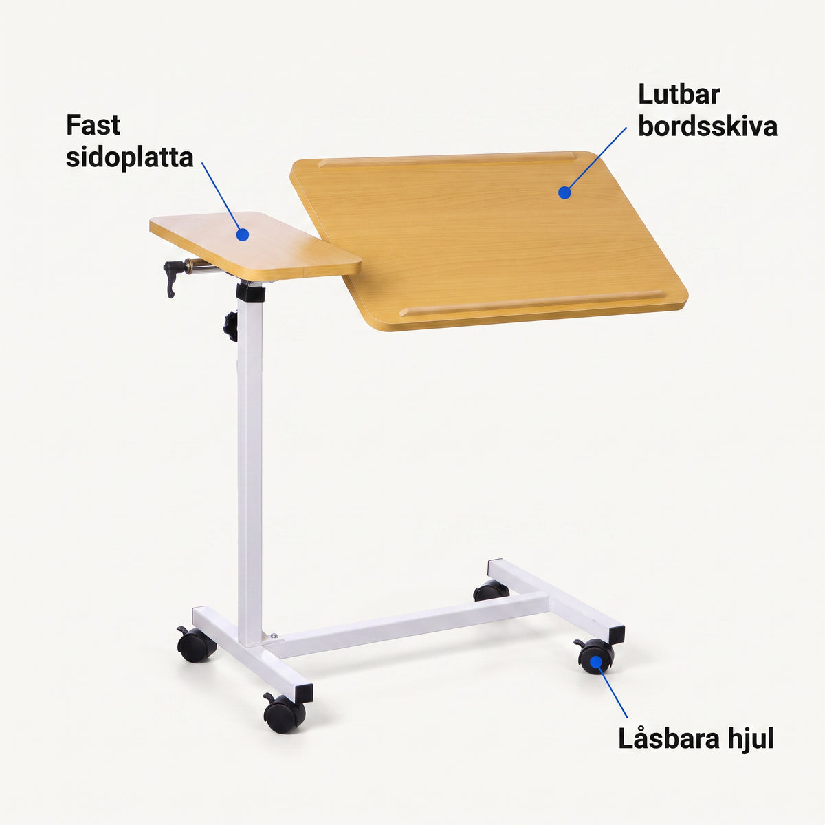 Sängbord med Två Bordsskivor, Lutbart och på Låsbara Hjul