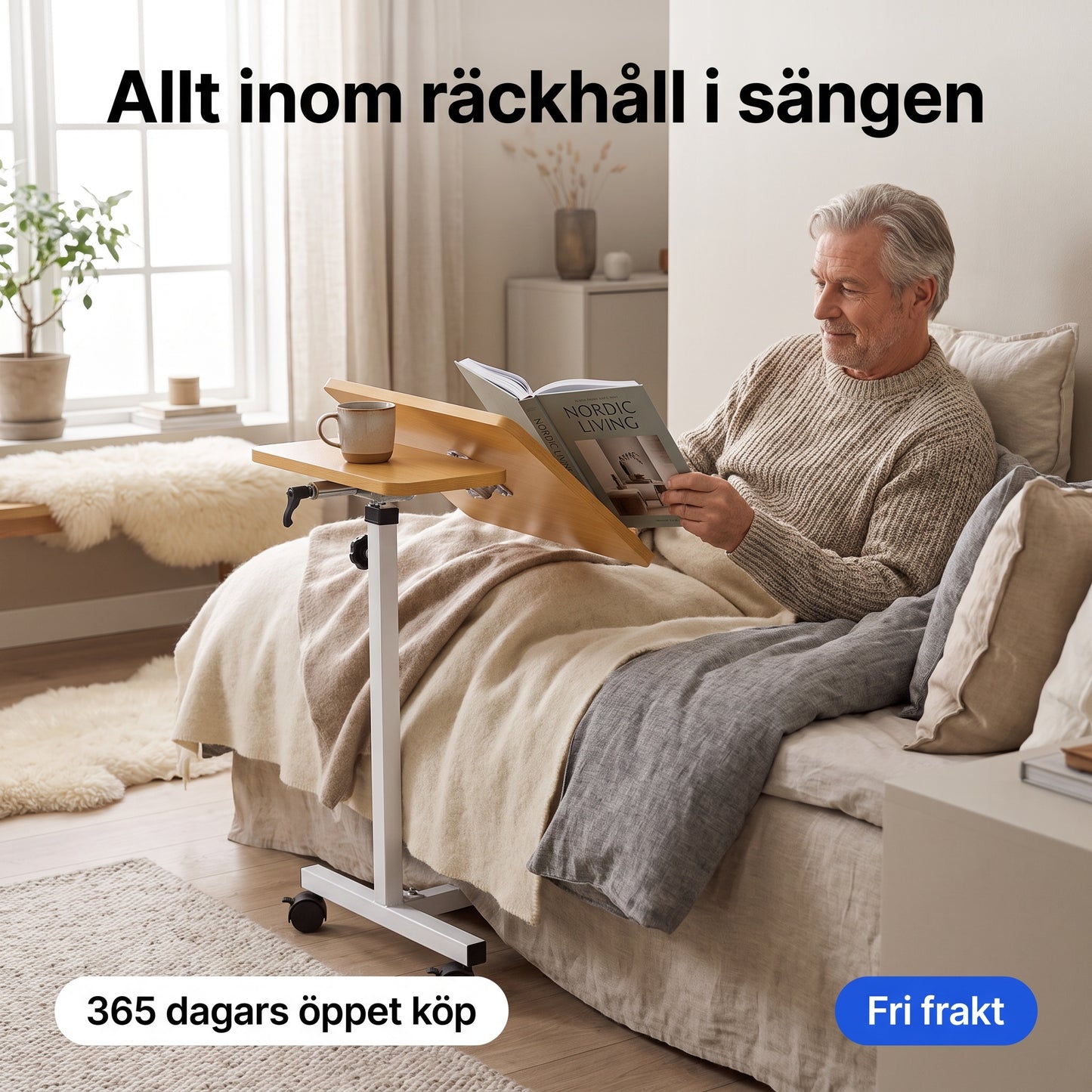 Sängbord med Två Bordsskivor, Lutbart och på Låsbara Hjul