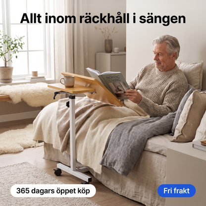 Sängbord med Två Bordsskivor, Lutbart och på Låsbara Hjul