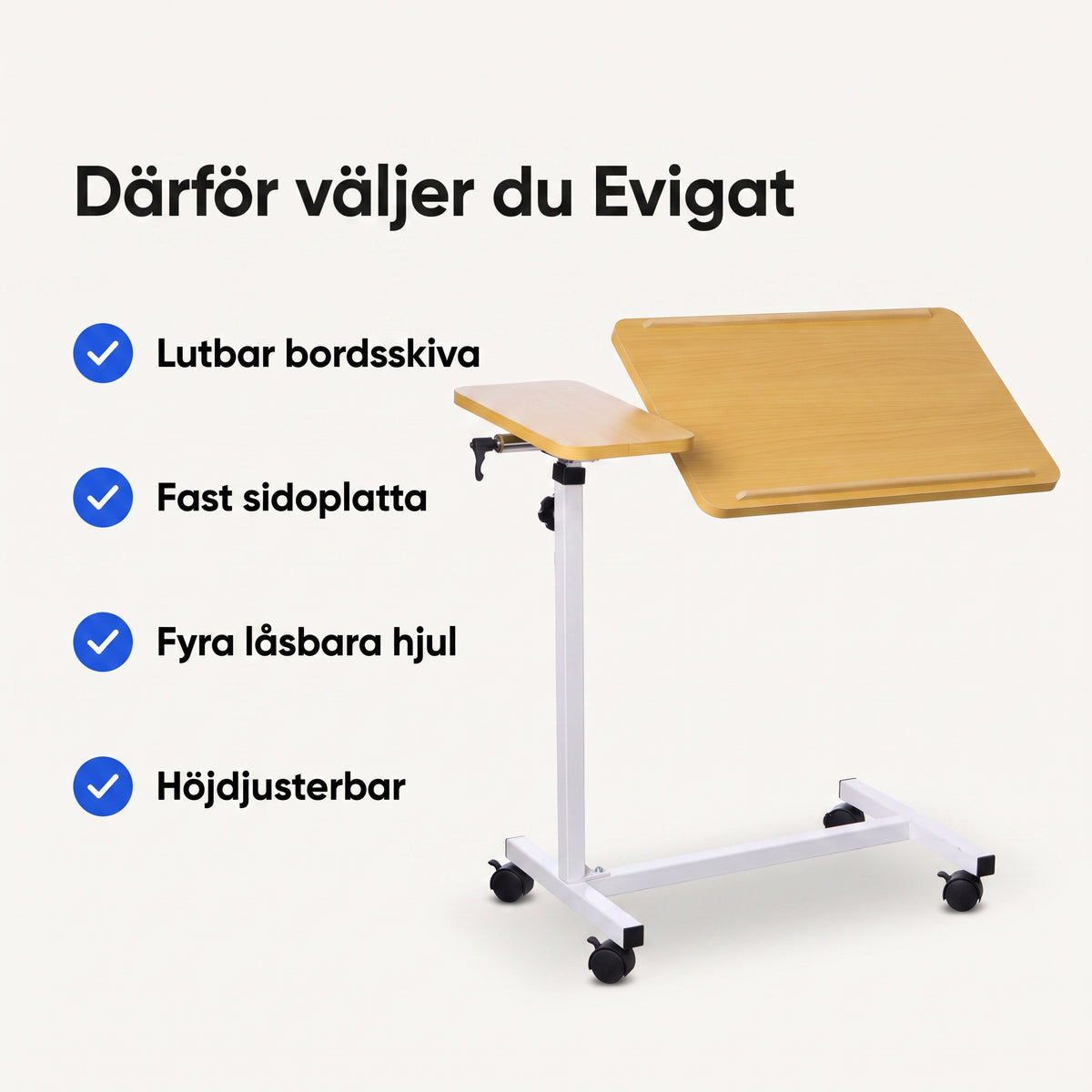 Sängbord med Två Bordsskivor, Lutbart och på Låsbara Hjul