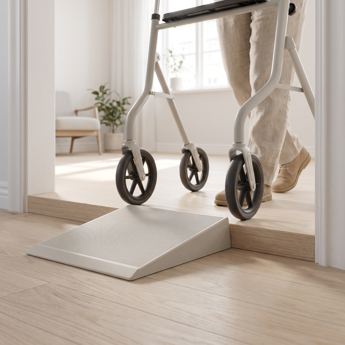 Rollator rullar över tröskelramp vid dörr i ljust hem