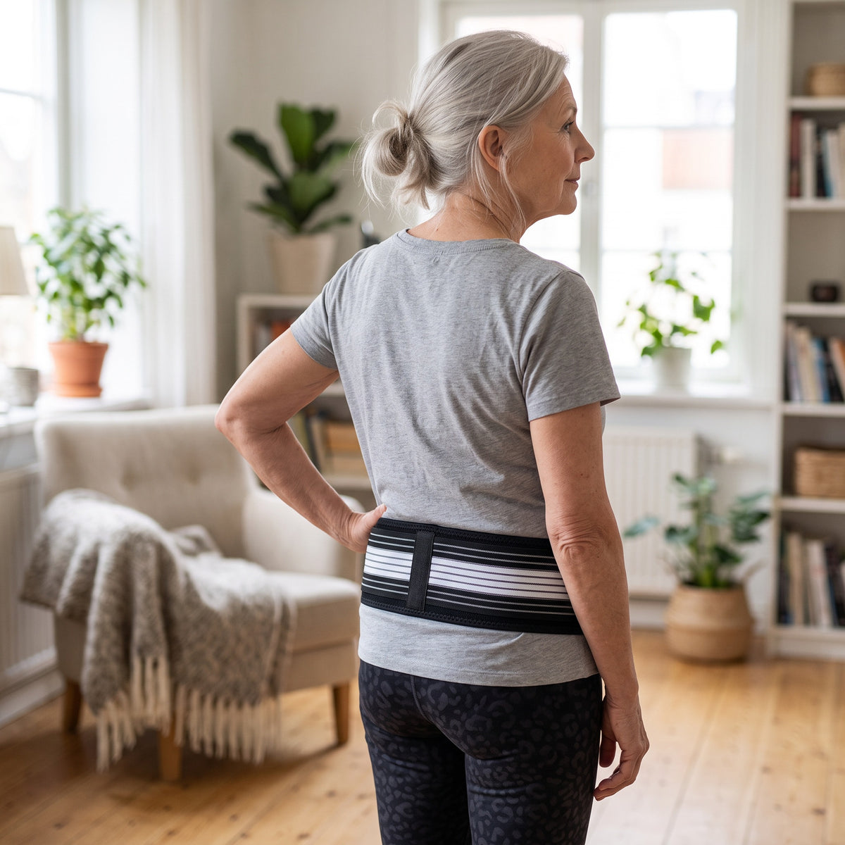 Äldre kvinna bär ett smalt svart bäckenbälte lågt runt höften