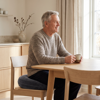 Äldre man sitter bekvämt på ringformad sittdyna vid köksbord