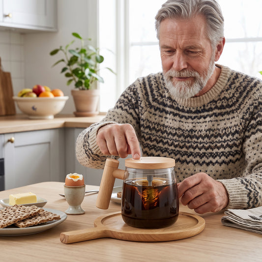 Äldre man använder en självrörande mugg i glas vid frukostbordet