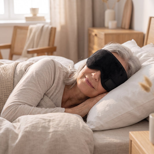 Äldre kvinna sover med Evigat Bluetooth-sömnmask i sängen
