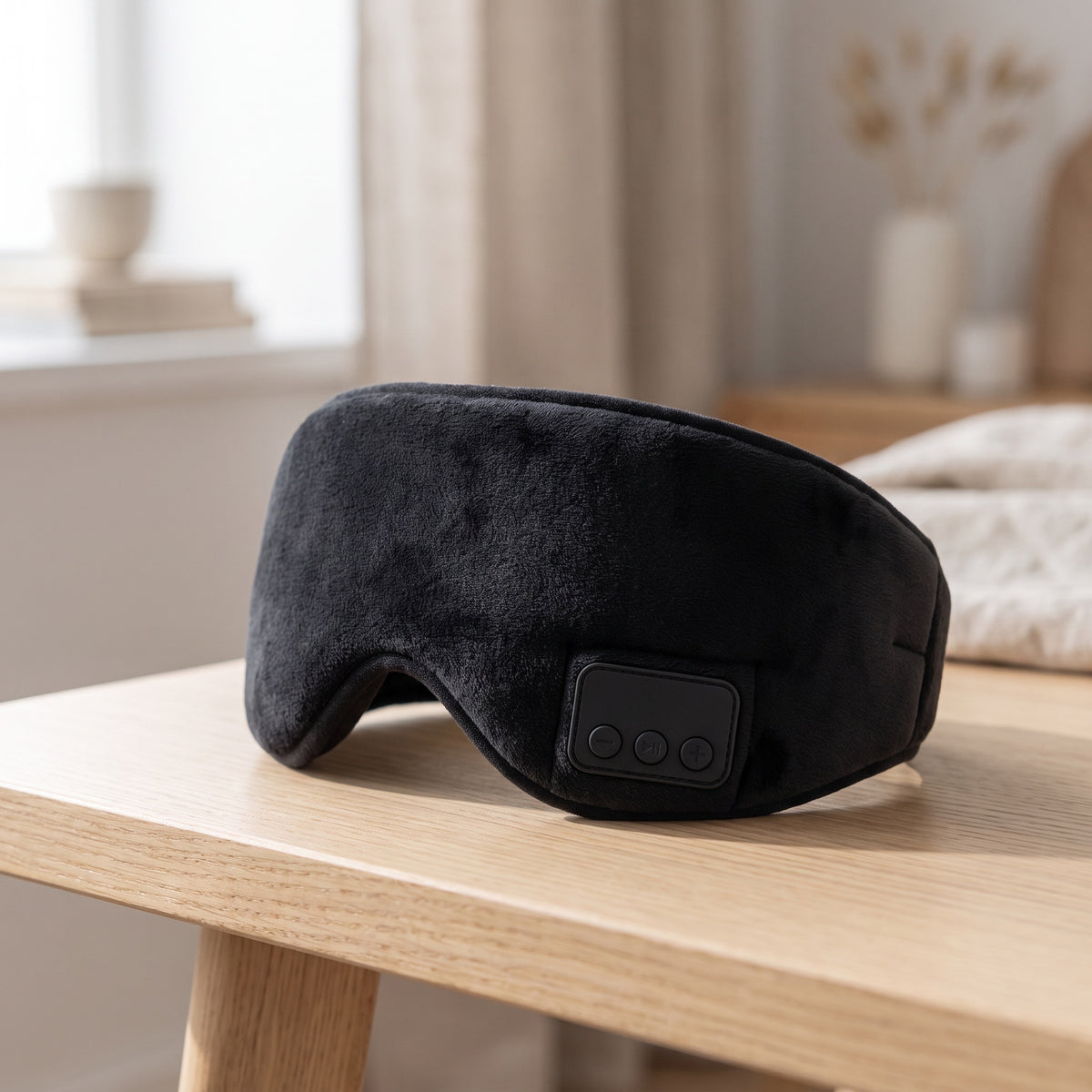 Mjuk svart Bluetooth-sömnmask med diskret kontrollpanel