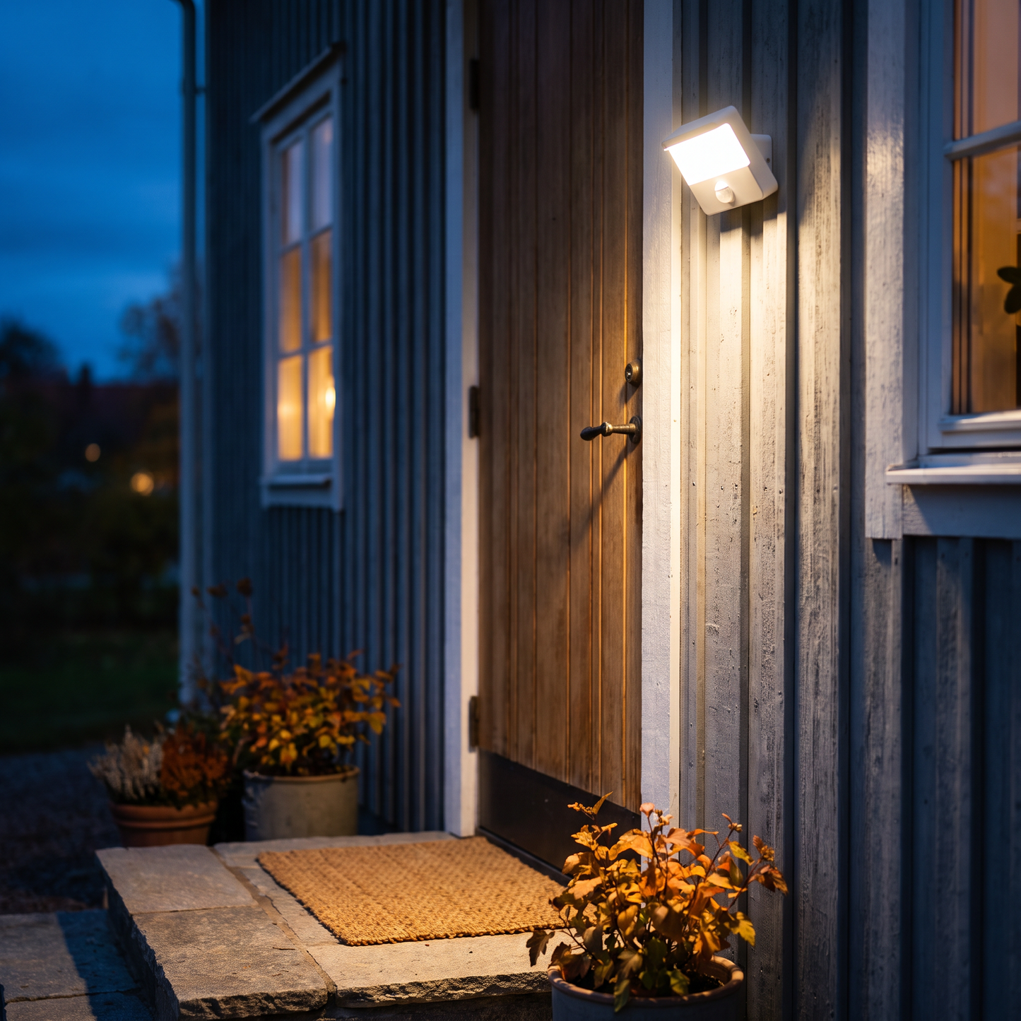 Utomhus rörelsesensor-lampa som lyser upp entrén i skymning