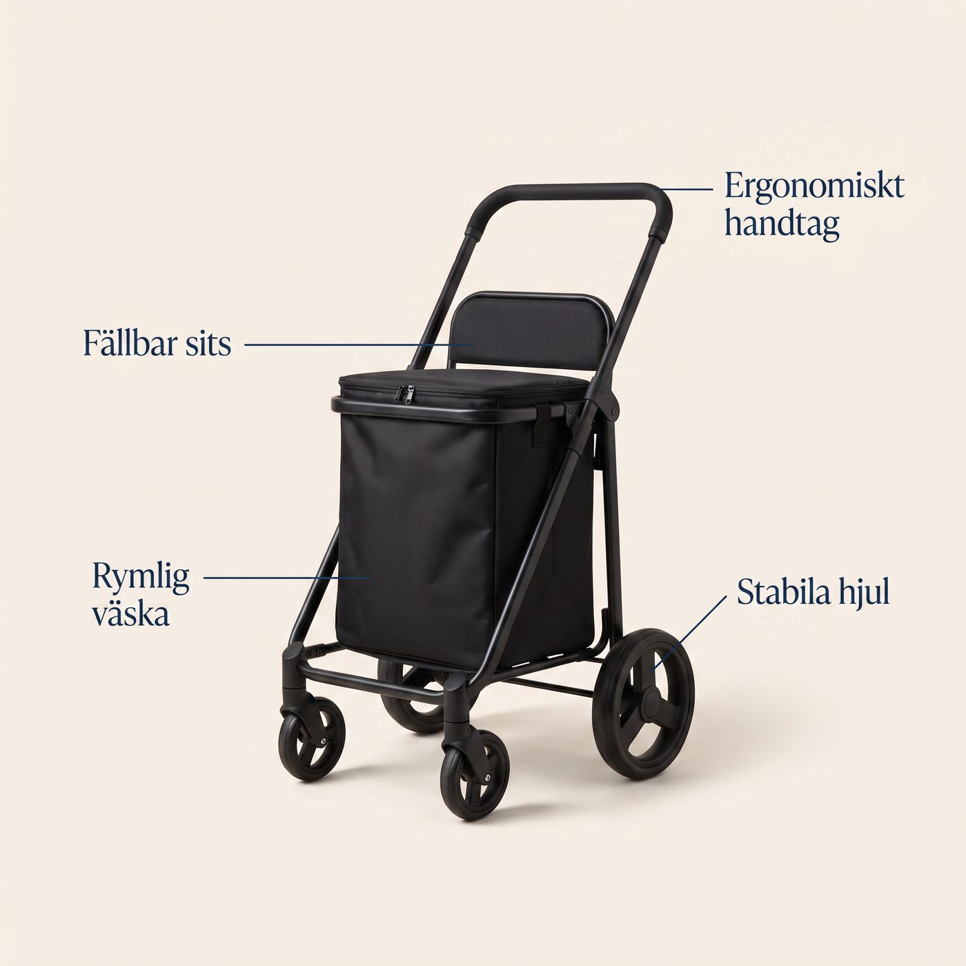 Shoppingvagn funktioner: fällbar sits, rymlig väska, stabila hjul, ergonomiskt handtag