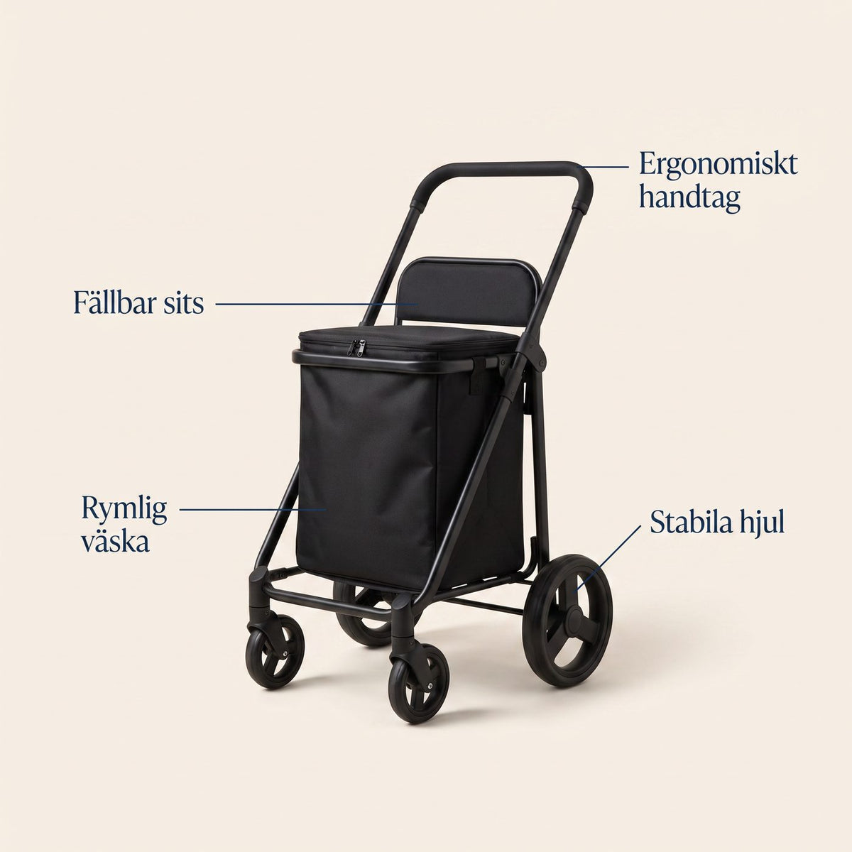 Shoppingvagn funktioner: fällbar sits, rymlig väska, stabila hjul, ergonomiskt handtag